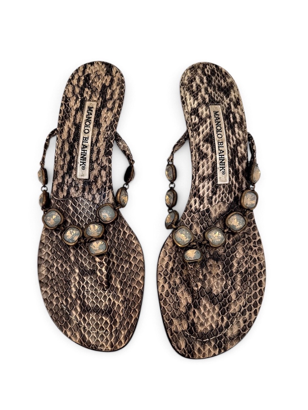 Manolo Blahnik Vintage Brown Snakeskin Jeweled Thong Sandals EU 36.5 Authentic